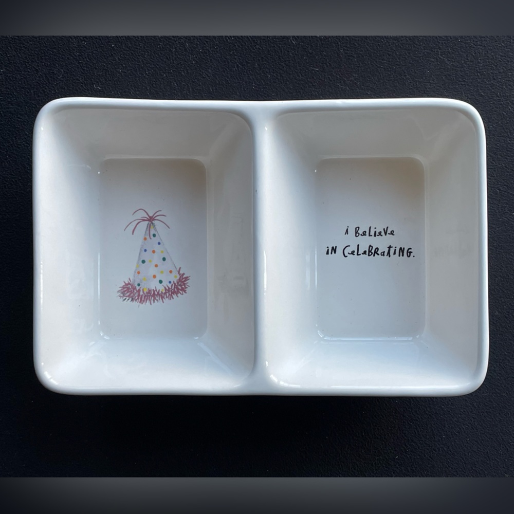Rae Dunn Divided Dip Appetizer Dish I Believe In Celebrating Party Hat